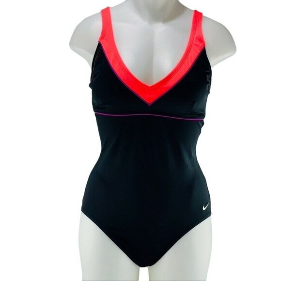 NIKE Swimsuit One Piece Racer Back Black Deep V-Neck Women's Size 12 - Picture 1 of 7